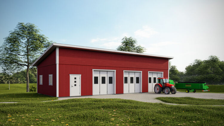 Folkhus Unity 3D machinery hall visualization showing industrial building configurator with Swedish construction standards