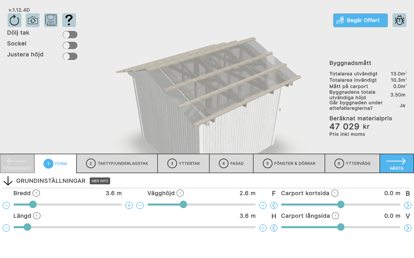 Folkhus Unity 3D configurator mobile interface showing house customization options with real-time pricing