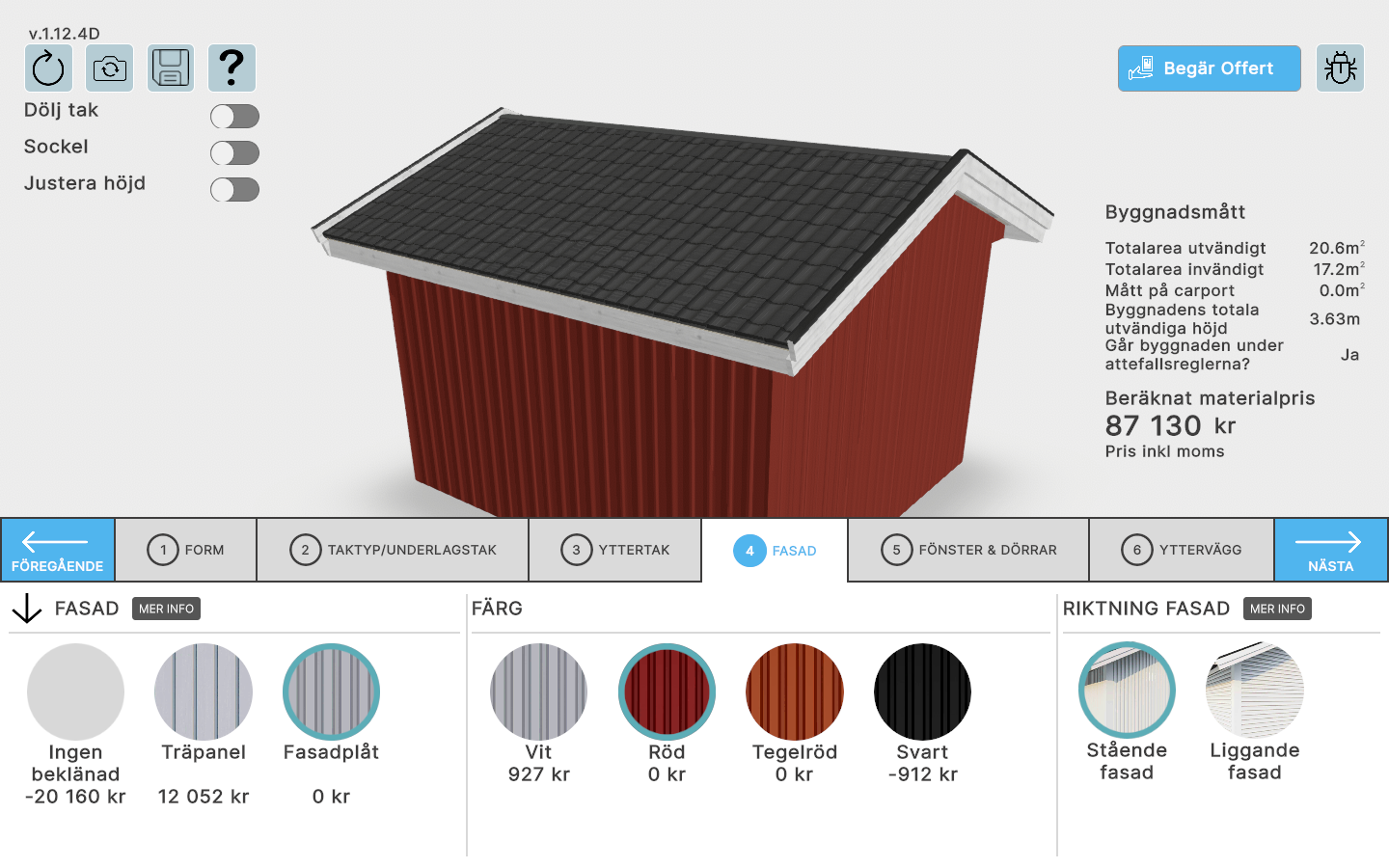 Folkhus real-time pricing system and material selection interface with Swedish building standards