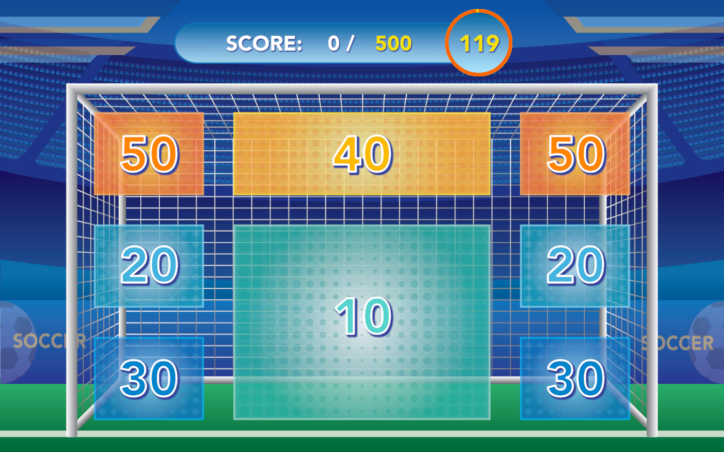 Ball Wall Arena soccer mode interface showing goal targets and scoring mechanics